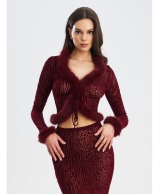 Women's Hali Burgundy Animal Print Burnout Velvet Fur Trim Top