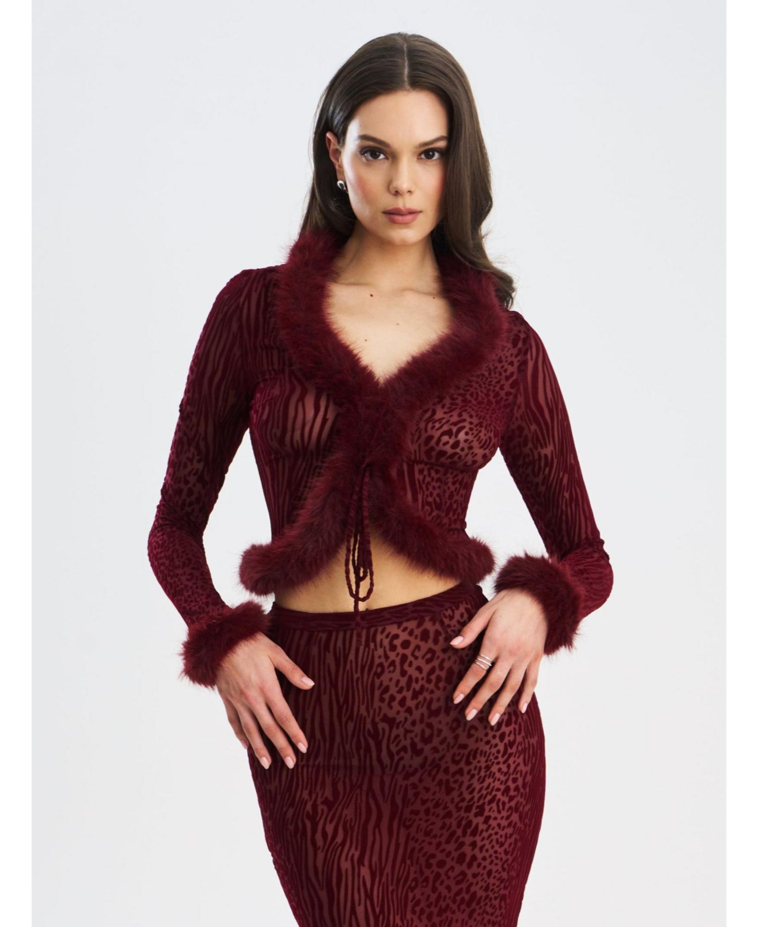 Women's Hali Burgundy Animal Print Burnout Velvet Fur Trim Top