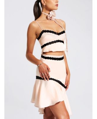 Women's Yahvi Beige Lace Trim Satin Skirt