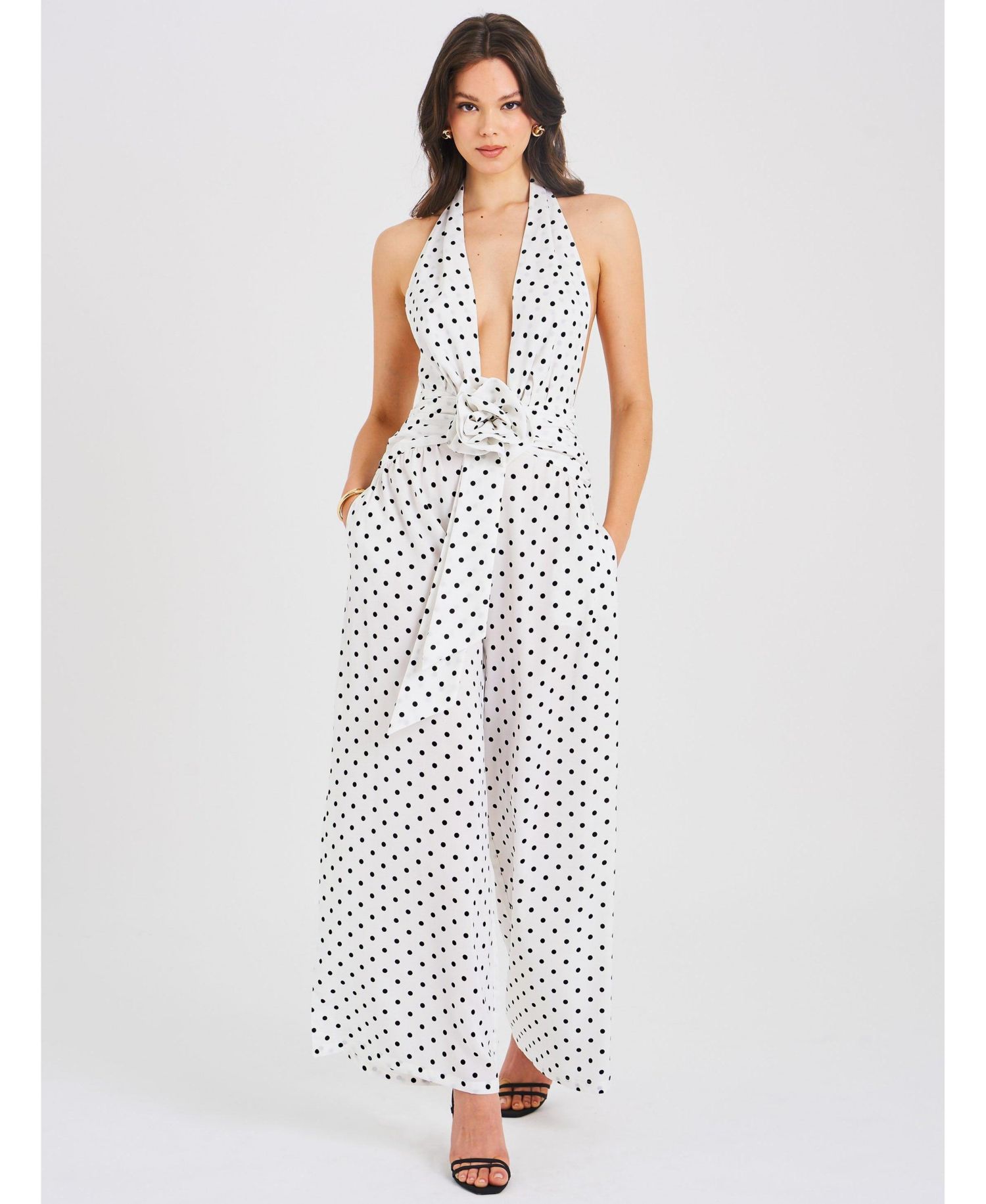 Women's Oriana White Polka Dots Halter Jumpsuit