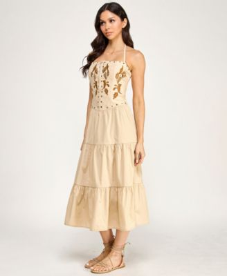 Juniors' Embroidered Lace Up Halter Neck Corset With Nail Heads Skirt