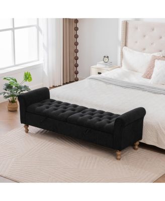 Modern Upholstered Storage Bench with Double Lids & Rolled Armrest - Black