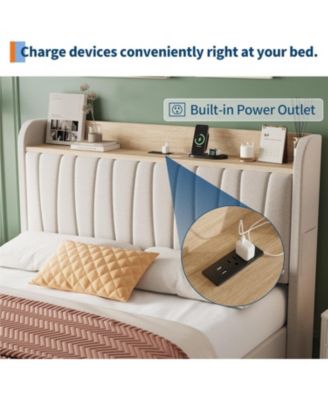  Upholstered Platform Bed Frame with Storage Drawers and Charging Station Headboard, No Box Spring Needed, Easy Assembly