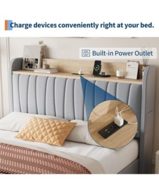  Upholstered Platform Bed Frame with Storage Drawers and Charging Station Headboard, No Box Spring Needed, Easy Assembly