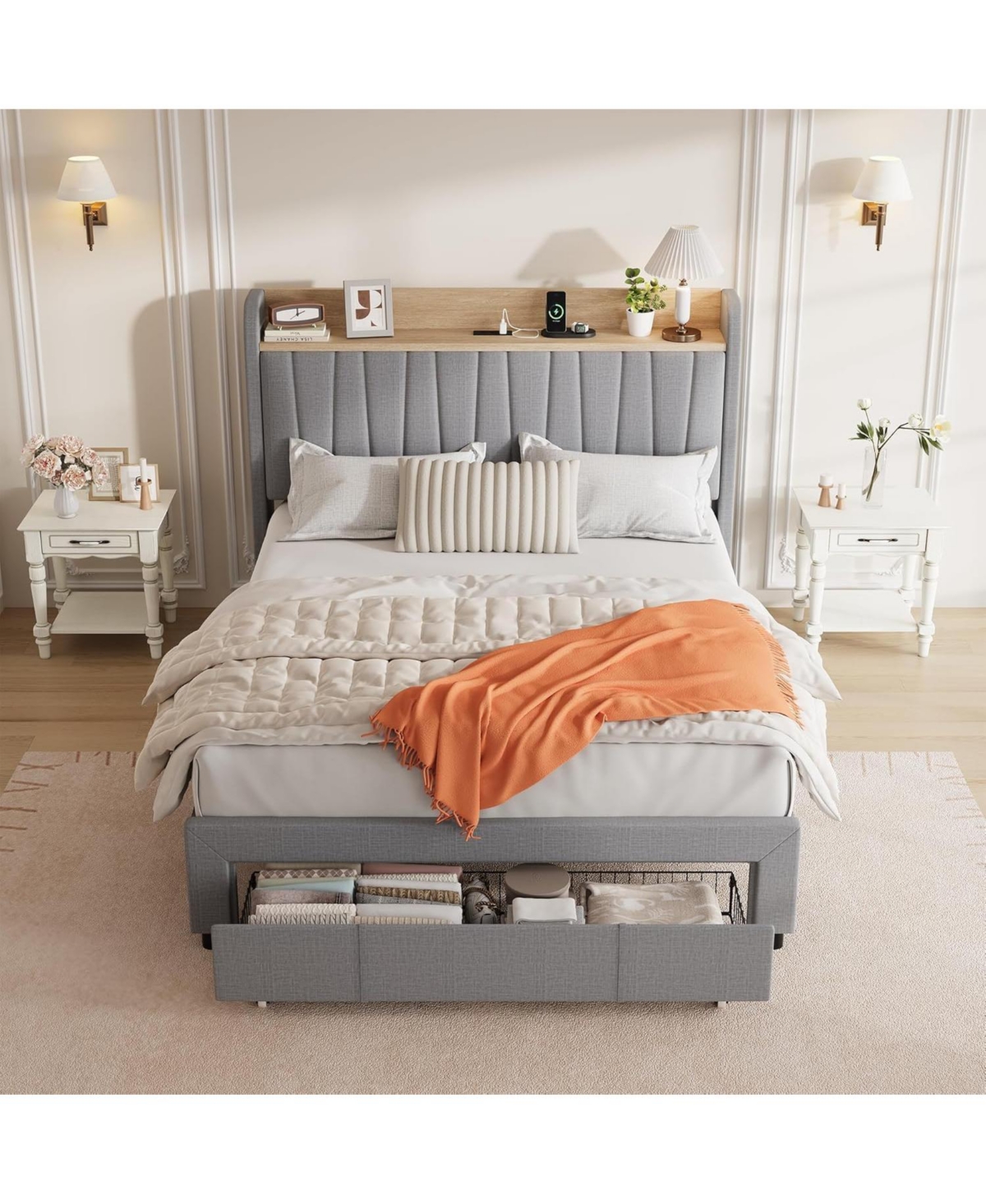 gaomon Upholstered Platform Bed Frame with Storage Drawers and Charging Station Headboard, No Box Spring Needed, Easy Assembly