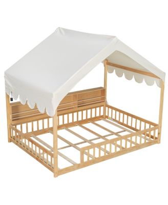 Wooden House Daybed with Fence, Storage, Curtain & LED