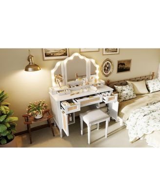 Makeup Vanity Desk with 13 Hollywood Bulbs, 3 Lighting Modes, Tri-Fold Mirror, 5 Drawers