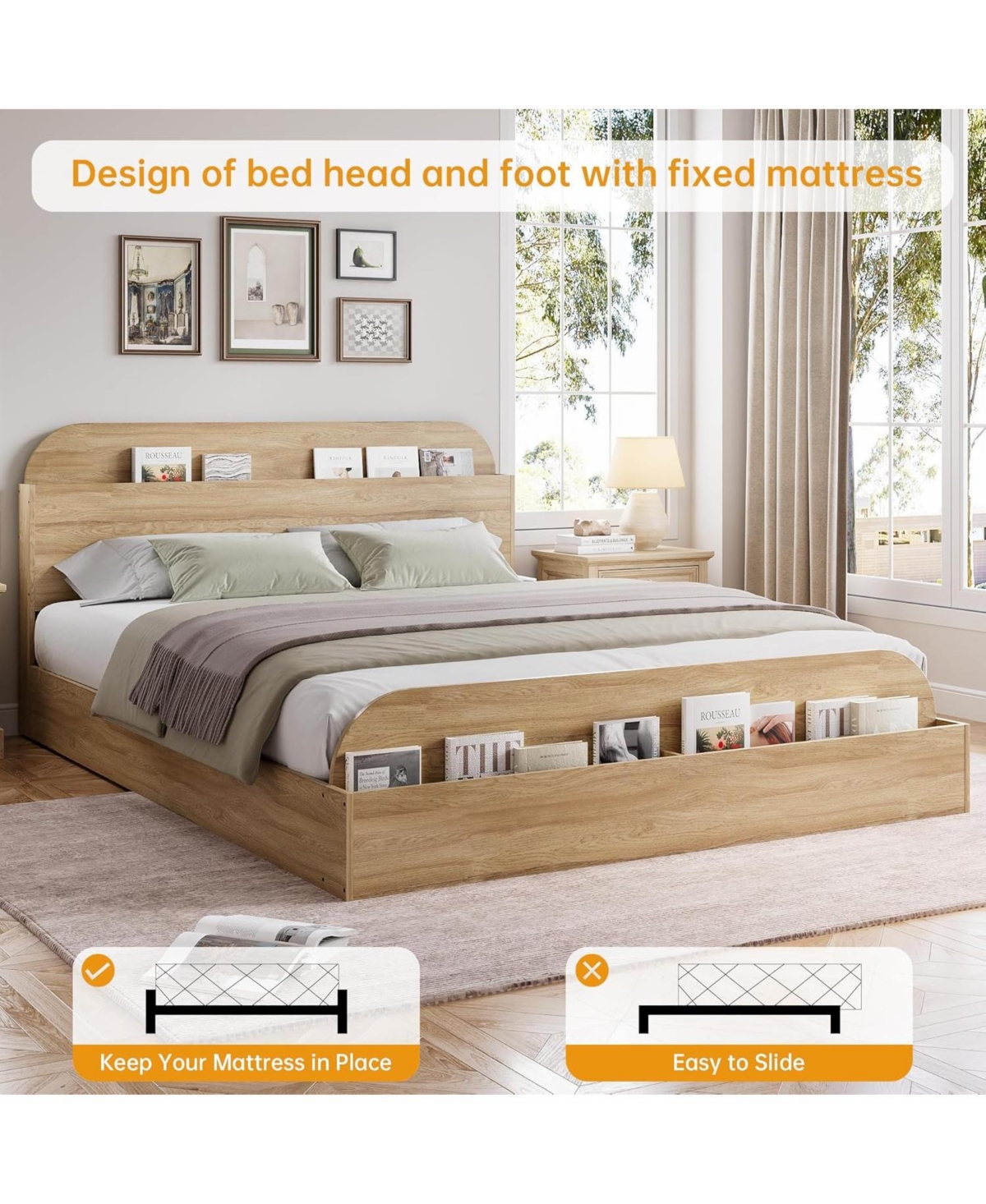 gaomon Wooden Bed Frame with Storage Headboard & Raised Footboard, Low Platform Design