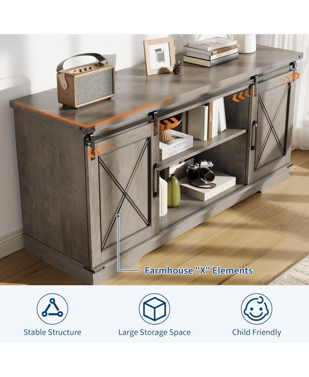 gaomon Farmhouse Tv Stand for up to 65 Inches, Entertainment Center with Sliding Barn Doors and Adjustable Shelf