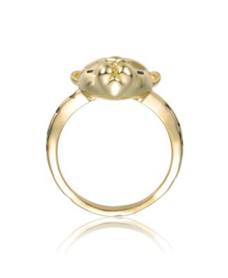 Black Enamel Leopard Face Statement Ring in 14K Gold Plated