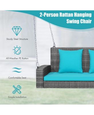 LUCKY ONE 2-Person Patio PE Wicker Hanging Porch Swing Bench Chair Cushion 800 Pounds