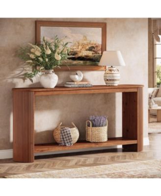 63" Solid Wood Console Table, Farmhouse 2-Tier Narrow Long Sofa Entryway Table, Easy Assembly