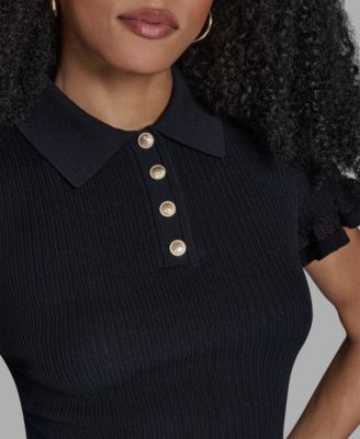 Women's Ruffle Hem Short-Sleeve Polo Sweater