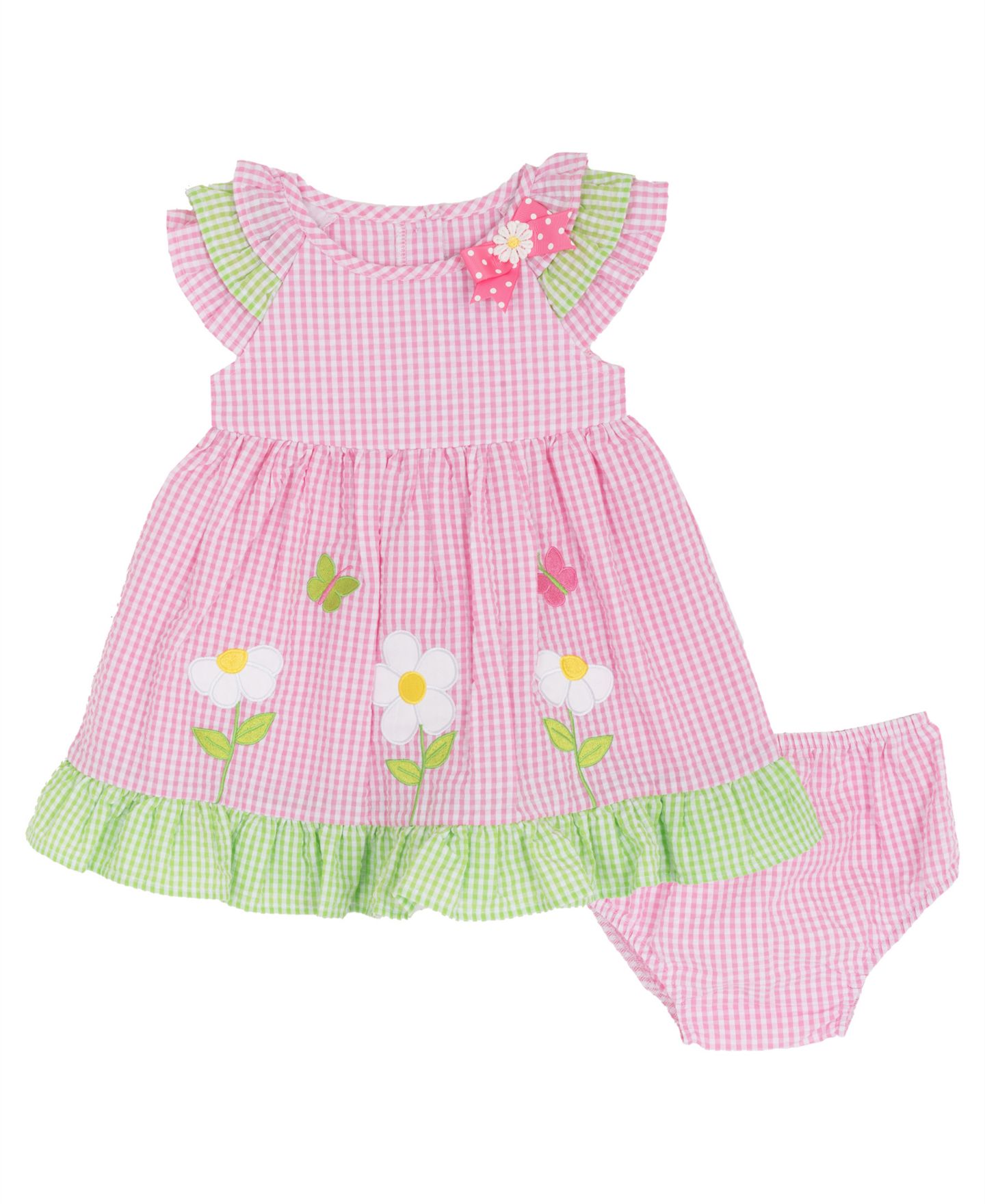 Комплект Rare Editions Pink Seersucker Daisy Applique Round Neck Dress and Panty, 2-Piece Set для девочек-малышей, цвет: Розовый / Зелёный — фото 2