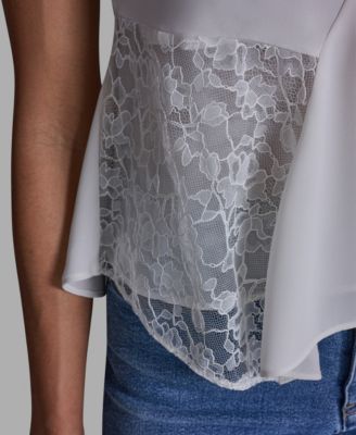 Women's Crewneck Flutter-Sleeve Asymmetrical Lace Top