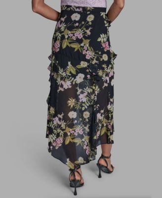 Women's Side Zipper Printed Ruffle Maxi Skirt