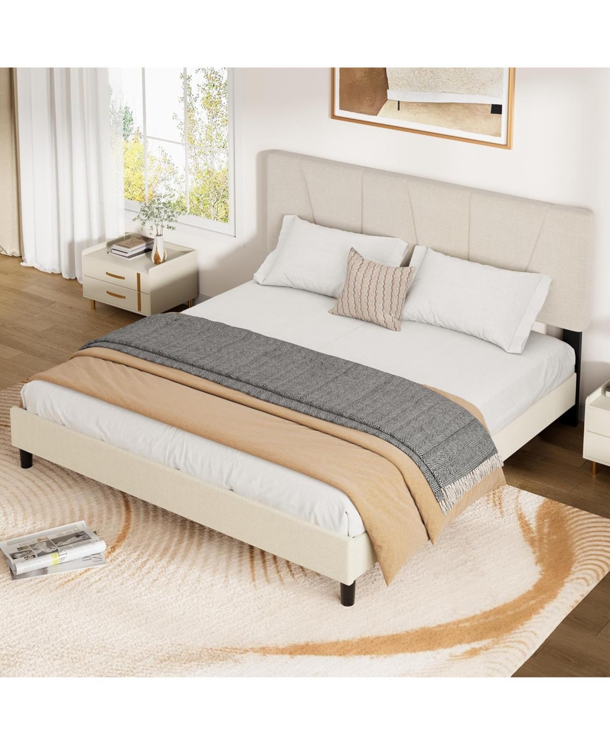 gaomon Linen Upholstered Platform Bed Frame with Adjustable Headboard, Strong Wooden Slats
