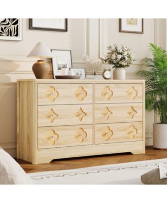 Rattan 6-Drawer Dresser for Bedroom, 47" Wide Wooden Chest with Large Storage, Beige