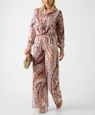 Women's Longs Sleeve Jun Tie-Front Printed Shirt and Ines Wide-Leg Jogger