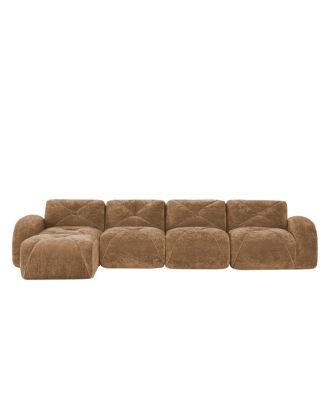 L-shaped Velvet Tufted Sofa with Movable Ottoman, Camel
