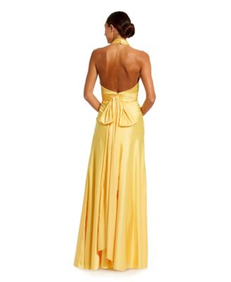omen's Ruched Halter Neck Tie Back Satin Gown