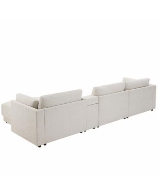 L-Shaped Sectional Sofa with Storage Console, Charger, Ottoman, Wider Cushion