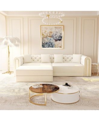Elegant 3-in-1 Convertible Sleeper Sofa with Gold Trim, Beige/White