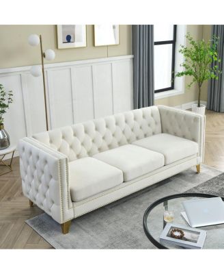 Velvet Sofa for Living Room, Tufted Square Arm Couch, Modern Upholstered Button Couch