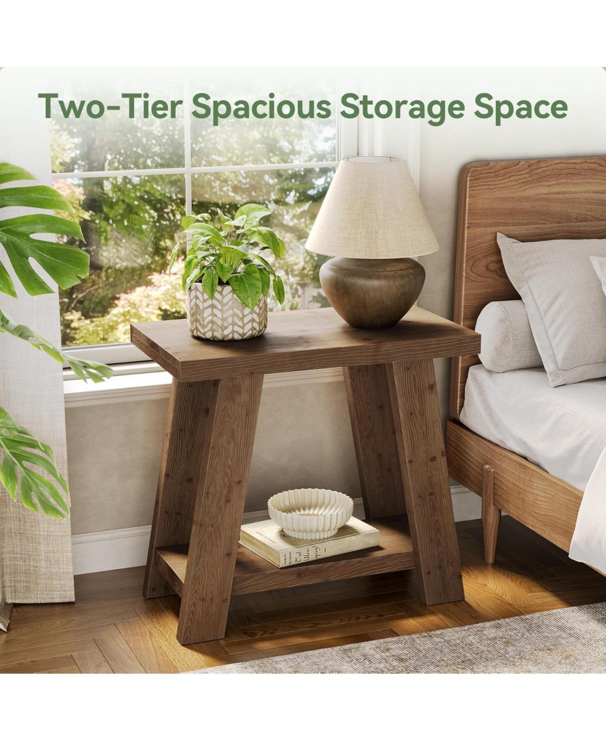 Tribesigns Solid Wood End Table, Small Side Table with 2-Tier Storage Shelf for Living Room, Rectangular Side Table