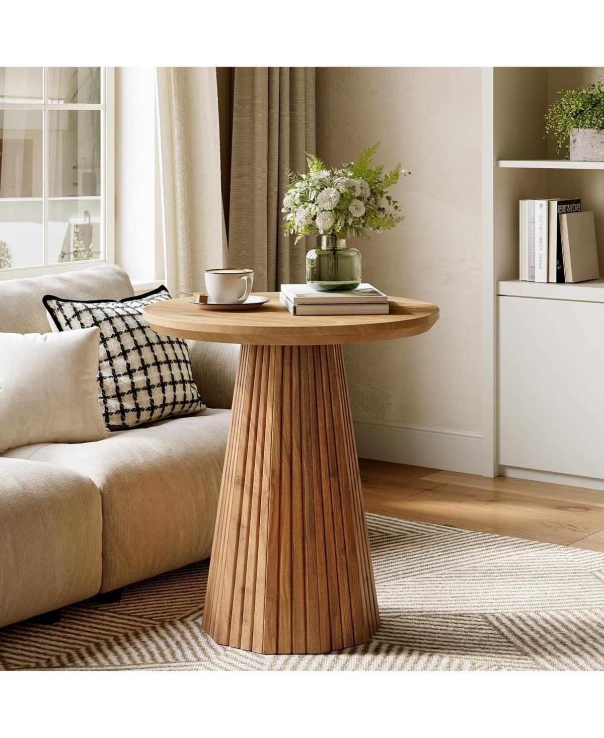 Tribesigns Solid Wood End Table, 19" Small Round Pedestal Side Table with Fluted Base, Farmhouse Bedside Table for Living Room, Small Space