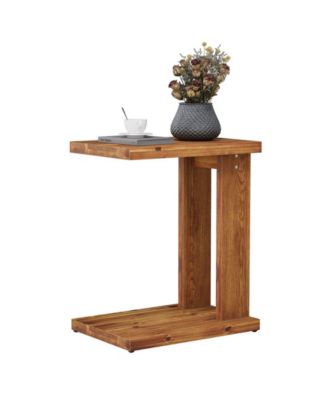 Solid Wood C-Shaped End Table Set of 2, Wooden Side Table for Sofa, 2-Tier Bedside Nightstand for Living Room, Bedroom