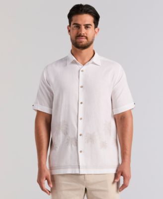 Men's Border Palm Embroidered Linen-Blend Short-Sleeve Shirt