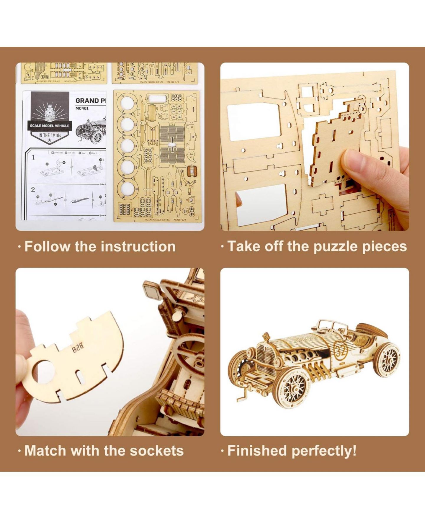 Детские конструкторы Robotime Grand Prix 1:16 Scale 220-Piece Wooden 3D Puzzle, Ages 14 & Up — фото 4