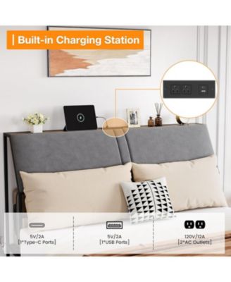 Queen Size Bed Frame with Ergonomic Headboard and Charging Station, Upholstered Platform Bed, Metal Industrial Bed Frame with 4 Storage Drawers