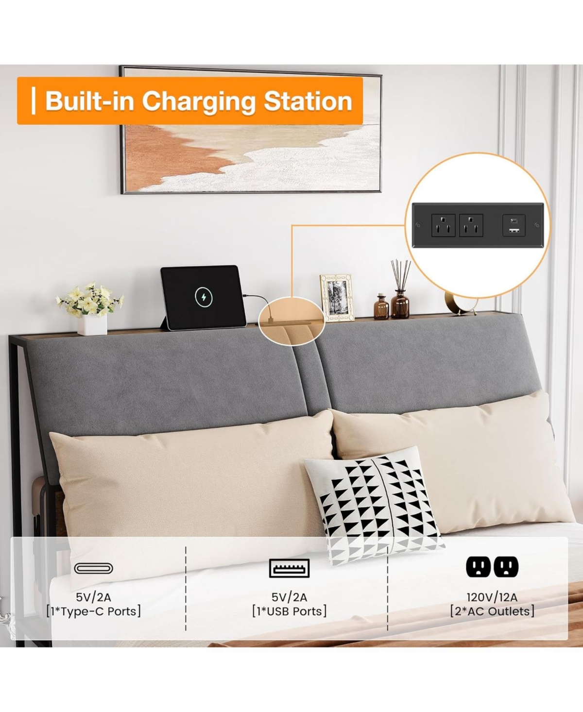 Gaomon Queen Size Bed Frame with Ergonomic Headboard and Charging Station, Upholstered Platform Bed, Metal Industrial Bed Frame with 4 Storage Drawers