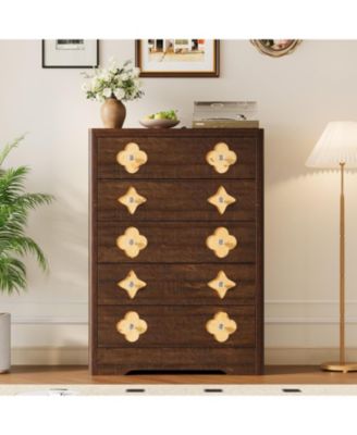 Rattan 5-Drawer Dresser for Bedroom, 45" Tall Wooden Chest with Large Storage