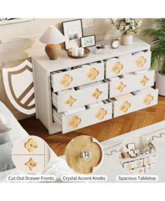 Fluted 6-Drawer Dresser for Bedroom, 47.4" Wide Wooden Chest with Large Storage & TV Stand Use, White