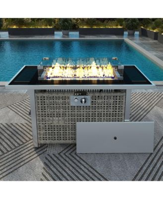 K&K 43 Inch Propane Gas Fire Pit Table 60000 BTU Rectangular Open Weave Wicker with Glass Wind Guard for Outdoor Patio Garden