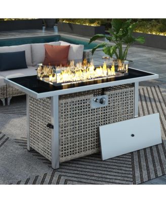K&K 43 Inch Propane Gas Fire Pit Table 60000 BTU Rectangular Open Weave Wicker with Glass Wind Guard for Outdoor Patio Garden