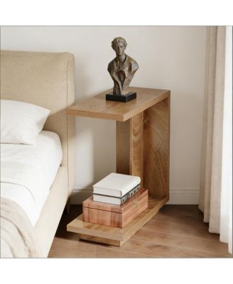Modern Slatted C-Shaped Bedside Table, Space-Saving Side Table with 2 Open Shelves