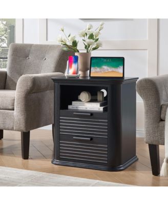 22" Fluted Nightstand with Charging Station, Modern Bedside Table with 2 Drawers and Open Storage for Living Room, Bedroom