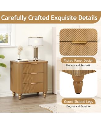 Mid-Century Fluted Nightstand with 3 Storage Drawers, Wood Bedside End Table with Curved Profile & Metal Handle for Bedroom, Living Room