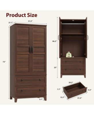 72" Tall Wooden Armoire Wardrobe Closet with 2 Drawers, Adjustable Shelf & Hanging Rod