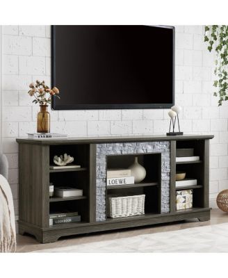 Mantel Stone TV Media Stand with Faux Stacked Stone Surround, Gray, 58.31"W