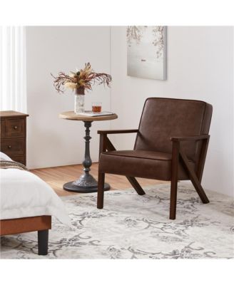 Faux Leather Armchair with Z-shaped Wood Legs