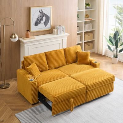 80 Inch Corduroy Sleeper Sofa Bed with Storage Ottoman, Pull-Out Convertible Couch for Living Room or Guest Room