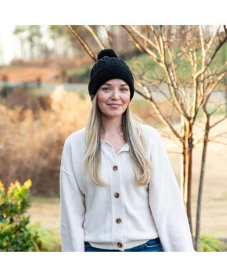 Women's Cable Knit Pom-Pom Beanie - Black
