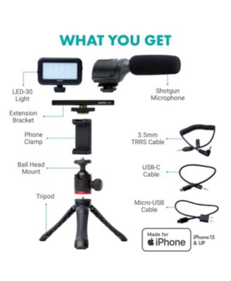 uVlogger Vlogging Kit for iPhone 15 and up with Light, Mic, Phone Mount, Tripod (USB-C)