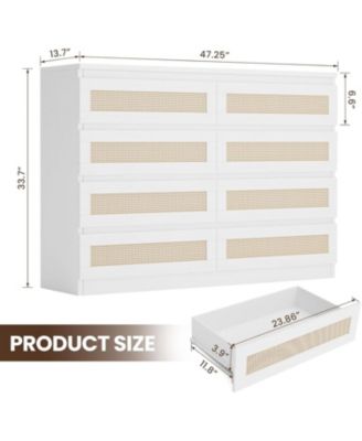 Rattan Dresser for Bedroom with 8 Drawers, 47'' Wide Chest of Drawers, Oak Furniture Large Storage Tower Unit, Closet Store Organizer