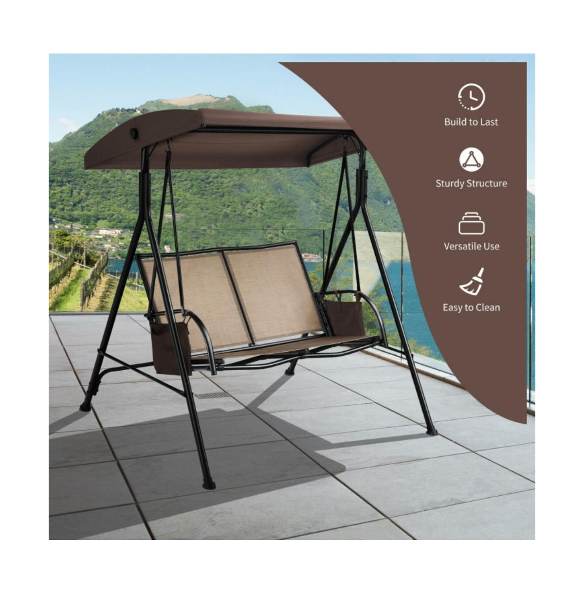 2-Person Patio Swing with Adjustable Canopy and 2 Storage Pocket